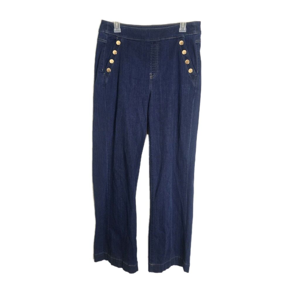 Chico's Wide Leg Pull On Jeans Size 1R US Size 8R Button Pockets High Rise Blue